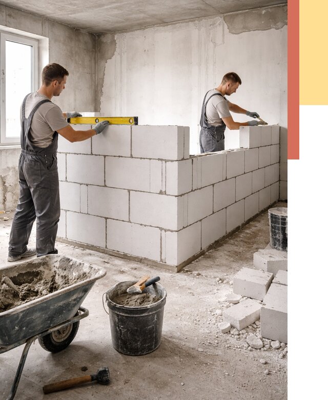 Кладка перегородок из ПГП в Топках от 2533 руб./м2 — монтаж и возведение под ключ | ОТДЕЛОЧНИК-Тпк