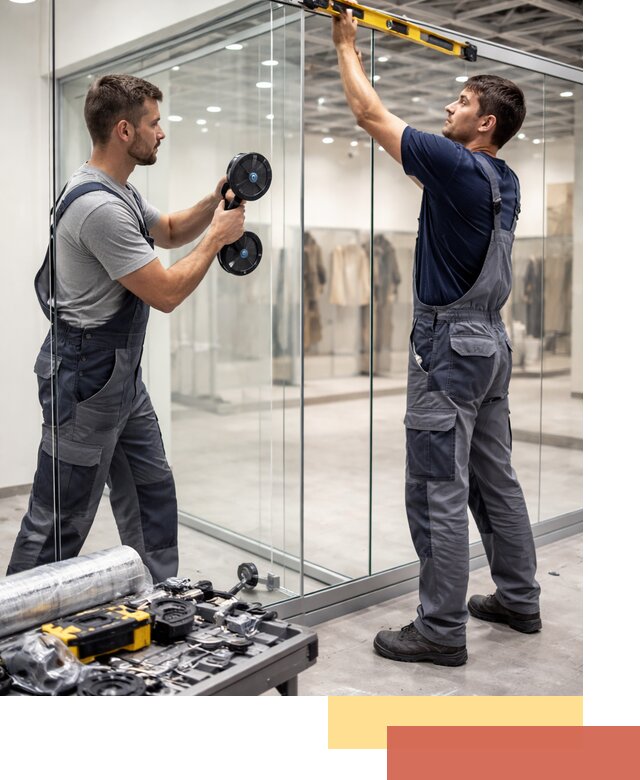 Стеклянные перегородки для магазинов в Топках — монтаж и установка