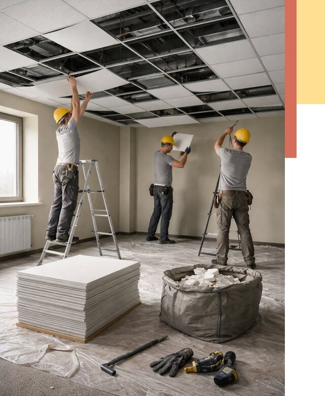 Демонтаж потолка Армстронг в Топках от 4560 руб. быстро и недорого | ОТДЕЛОЧНИК-Тпк