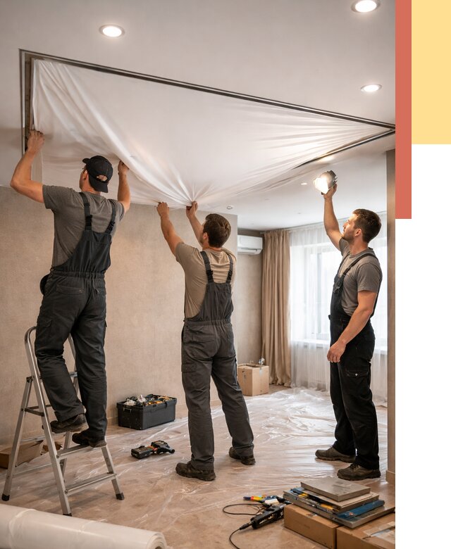 Монтаж ПВХ натяжного потолка в Топках от 3547 руб. под ключ | ОТДЕЛОЧНИК-Тпк