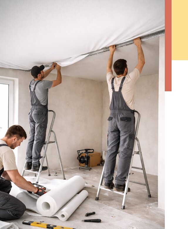 Монтаж тканевого натяжного потолка в Топках от 3547 руб. под ключ | ОТДЕЛОЧНИК-Тпк