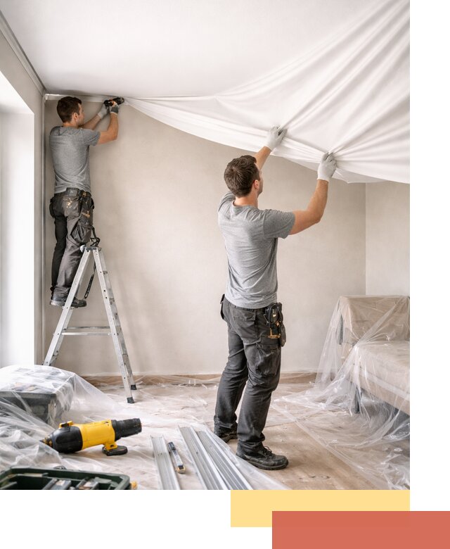 Монтаж тканевого натяжного потолка в Топках недорого и быстро