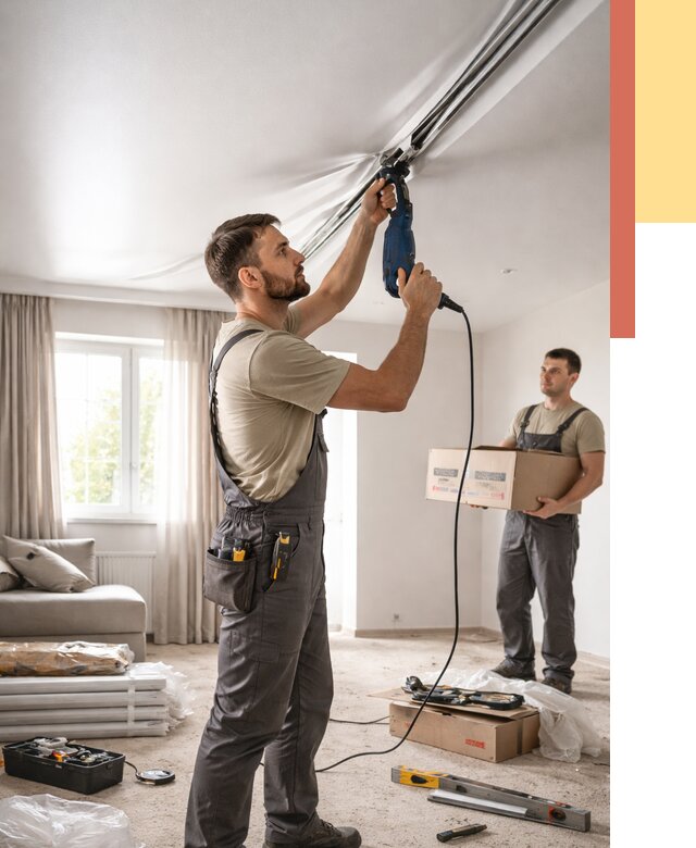 Монтаж сатинового натяжного потолка в Топках от 3547 руб. | Быстро, недорого — ОТДЕЛОЧНИК-Тпк