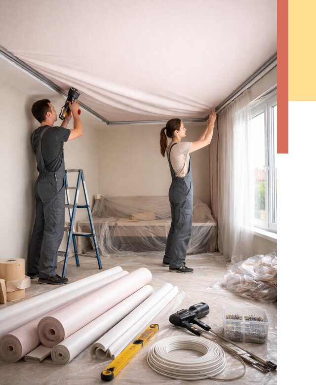 Монтаж цветного натяжного потолка в Топках от 4256 руб/м² — быстро и недорого | ОТДЕЛОЧНИК-Тпк