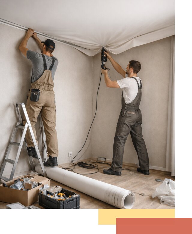 Монтаж цветного натяжного потолка в Топках за один день