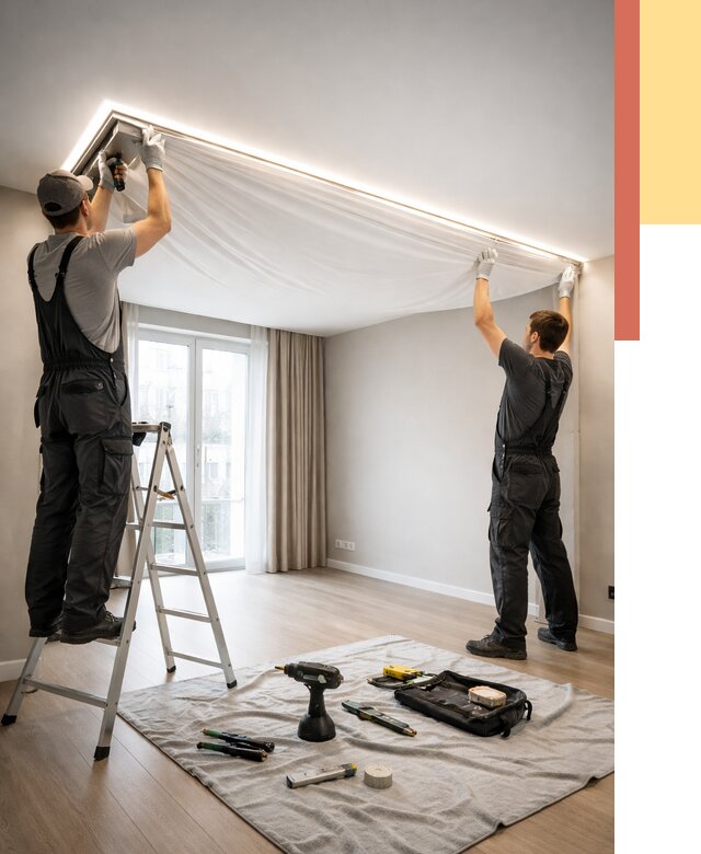 Монтаж парящего натяжного потолка в Топках от 4560 руб. быстро и недорого | ОТДЕЛОЧНИК-Тпк