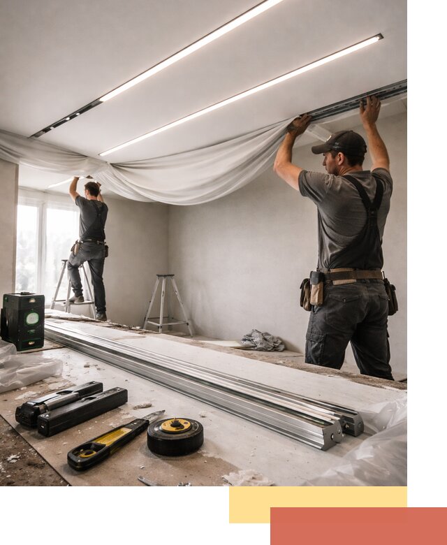 Монтаж натяжных потолков со световыми линиями в Топках