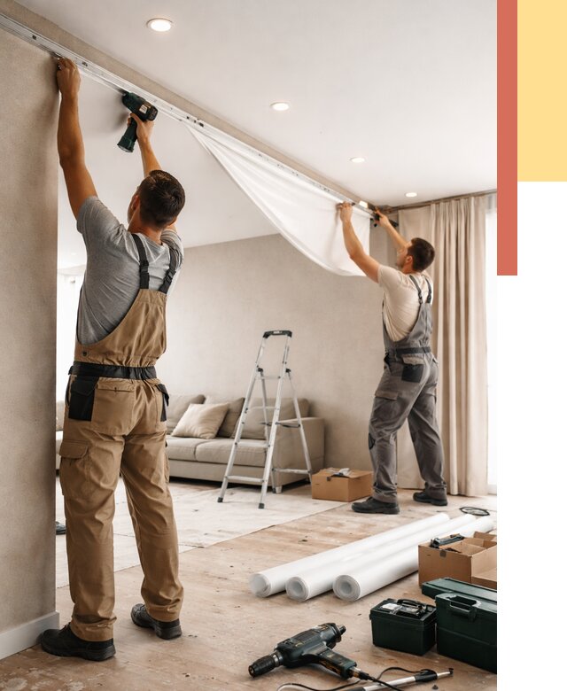 Монтаж натяжного потолка в гостиной в Топках от 557 руб. | ОТДЕЛОЧНИК-Тпк