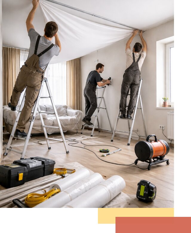 Монтаж натяжного потолка в гостиной в Топках