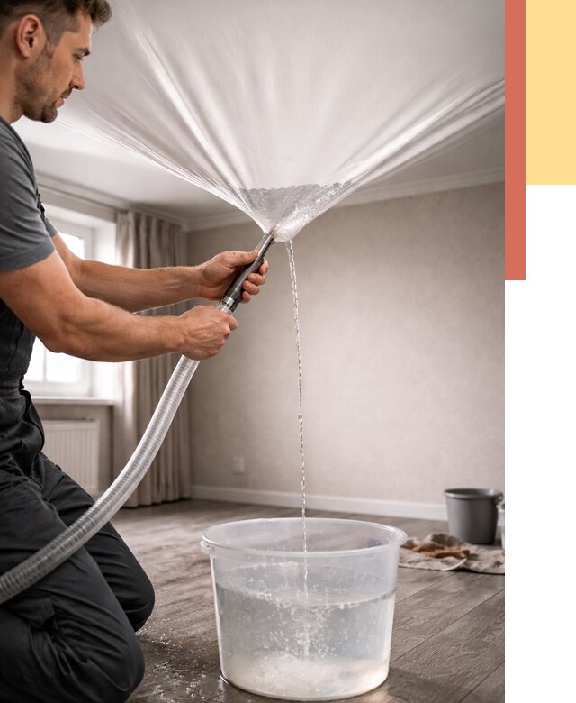 Слив воды с натяжного потолка в Топках от 2533 руб. быстро и недорого | ОТДЕЛОЧНИК-Тпк