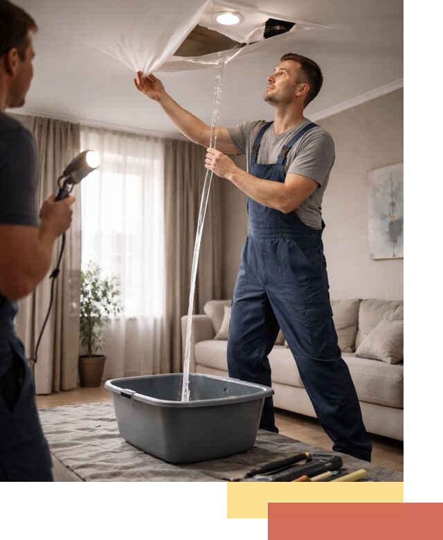 Слив воды с натяжного потолка в Топках быстро и аккуратно