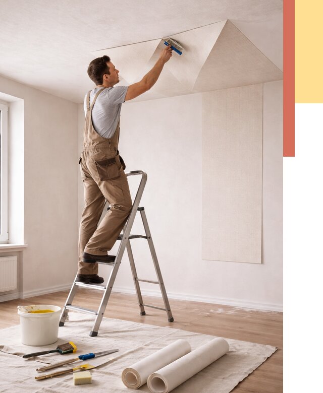 Поклейка обоев на потолок в Топках от 4560 руб. быстро и недорого | ОТДЕЛОЧНИК-Тпк